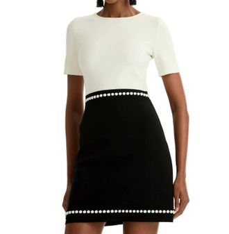 Oscar De La Renta Short Sleeve Bubble Trim Knit Dress In Black/white