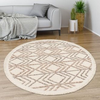 Paco Home Paco Home Tappeto Salotto Moderno Soggiorno Pelo Corto Motivo Boho Geometrico Con Frange &Oslash; 160 cm tondo, Crema 3