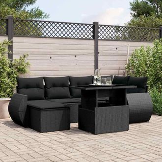 vidaXL Set De Sof&aacute;s De Jard&iacute;n 7 Pzas Con Cojines Rat&aacute;n Sint&eacute;tico Negro Vidaxl