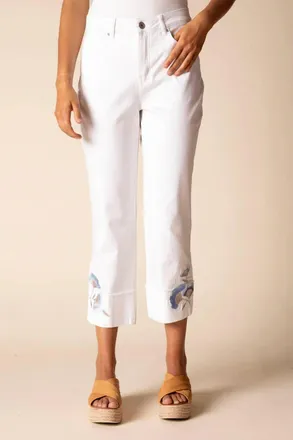 Habitat Floral Embroidered Stretch Denim Cuff Capri Pants In White