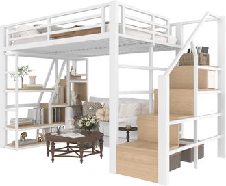 STILVORA Cama Alta 140 X 200 Cm Con Estantes, Escalera De Almacenamiento, Led Y Barandilla, Sin Colch&oacute;n, De Metal, Blanco