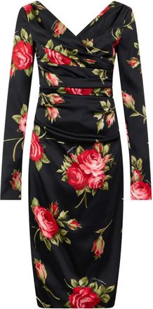 Dolce & Gabbana Midi Bloemenjurk - Dames - Feestkleedjes - Zwart - M - Leer - Kleedjes