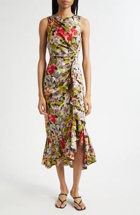 Cinq &agrave; Sept Canyon Bloom Elvira Ruffle Sleeveless Silk Midi Dress in Black Multi at Nordstrom Rack, Size 14
