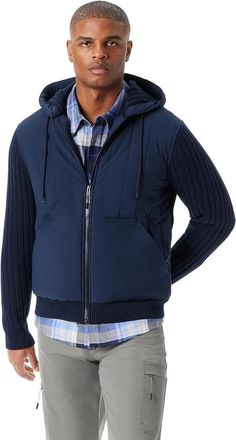 G.H. Bass & Co. Bass Outdoor Mixed Media Jacket Mens Blue Long Sleeve Hooded Full Zip UPS291