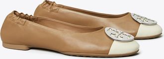 Tory Burch Womens Claire Cap-Toe Ballet in White/Tan, size 3.5