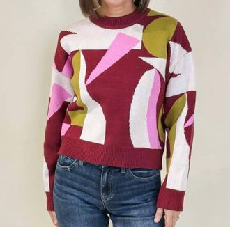 THML Clothing Mock Neck Abstract Sweater In Burgundy
