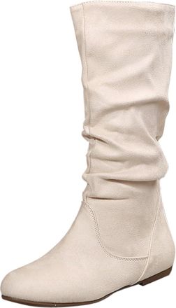 Generic Ladies Boots Size 8 Wide fit WomenS Flat Boots Womens Spring And Autumn Winter Large Size Mid Calf Boots Side Zipper Pleated Pile Boots Flat Suede Bro