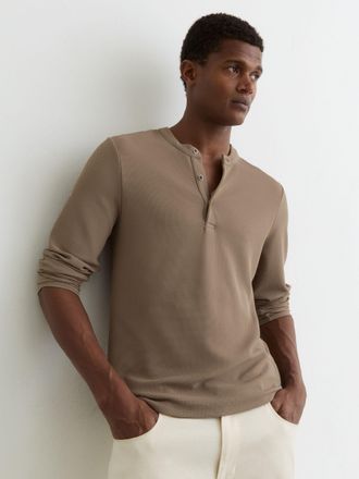 Reiss Camel Textured Long-sleeve Henley Shirt, Xxl