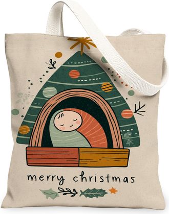 Generic Christmas Fanciful Canvas Tote Bags, Tree Pattern Reusable Grocery Bags, Vintage Lightweight Washable Shoulder Strap Canvas, Beige, 13x15 Inch