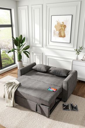 Living and Home 2 Seater Linen Convertible Sofa Pull Out Sofa Bed with Pillows in Dark Grey