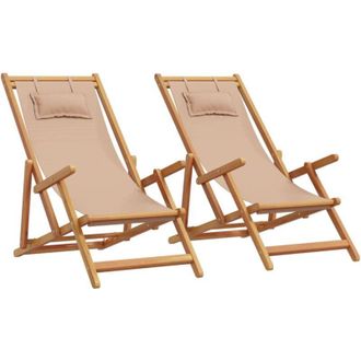 vidaXL Sillas De Playa Plegables 2 Unidades Tela Y Madera Maciza Taupe Vidaxl
