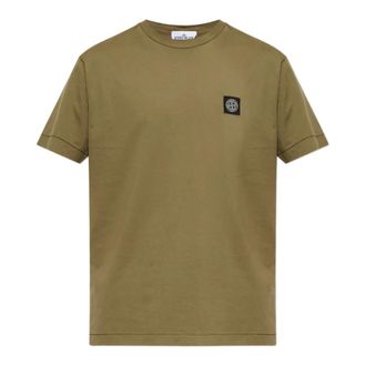 Stone Island Tops, Heren, Groen, L, Katoen, Slim-fit T-shirt met Kompas Patch