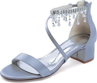 Generic Wedding Shoes Womens Low Heels Open Toe Chunky Heel Bridal Shoes Prom Evening Formal Party Shoes 4.5Cm,Silver,10 UK