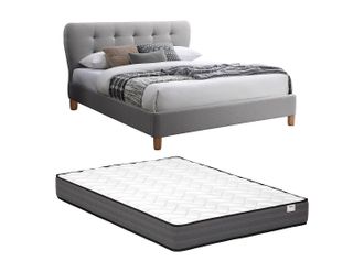 Vente-Unique Cama 140 x 190 cm con cabecero capiton&eacute; - Tela - Gris + Colch&oacute;n - ELIDE