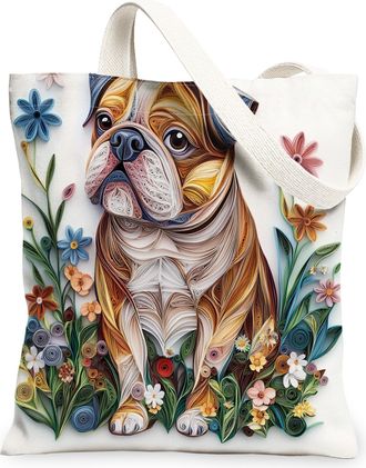 Generic Paper Quilling Bulldog Dog Canvas Tote Bag for Shopping 13x15, Fun Wildflower Puppy Reusable Grocery Print Pattern Bag for Women, Pet Beach Aesthetic 