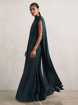 Reiss Womens Dark Green Crepe Cape Maxi Dress, Size: 10
