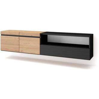 Skraut Home Mobile tv Soggiorno, Ampio spazio a disposizione, 200x45x35cm, Per tv fino a 80, Sospeso, da appendere, Stile moderno, Rovere e nero - Skraut Home