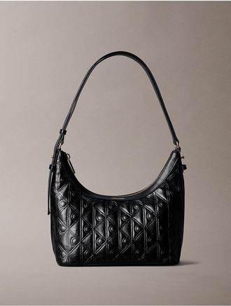 Calvin Klein Womens Debossed Allover Emblem Logo Small Shoulder Bag - Black