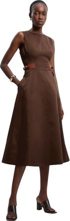 Karen Millen Fitted Belt Crew Neck Midi Dress in Chocolate at Nordstrom, Size 12