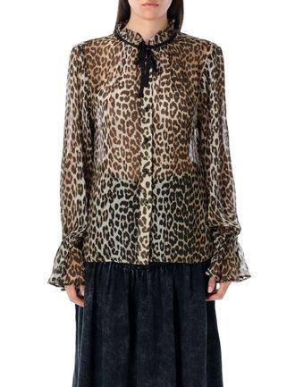Ganni Leopard Print Chiffon Tie String Shirt