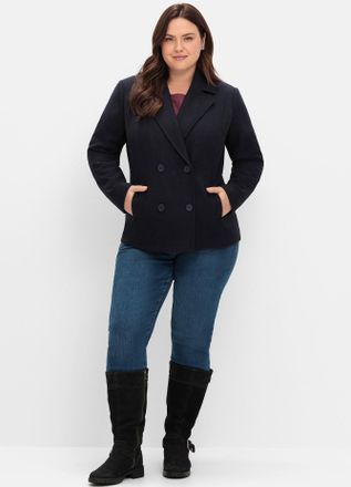 Sheego Kurzjacke SHEEGO, Damen, Gr. 44, blau (tiefblau), 90% Polyester, 10% Wolle, unifarben, Jacken Kurzjacke