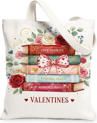 Generic ValentineS Floral Canvas Tote Bag, Romantic Books Design Reusable Grocery Bags, Lightweight Washable Shoulder Strap Canvas, White, 13x15 Inch