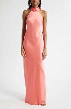 Ramy Brook Tatiana Halter Neck Satin Gown in Coral at Nordstrom, Size 10
