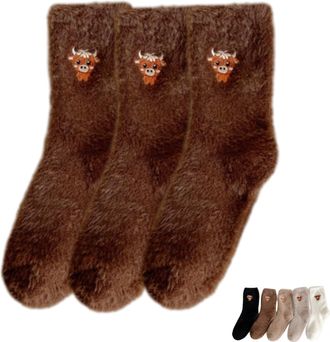Generic 3 Pairs Cute Cow Slipper Socks, Fuzzy Highland Cow Sock Women, Winter Soft Cozy Plush Sleeping Home Sock (Dark Brown)