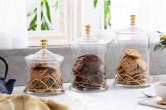 Classic Touch Set of 3 Glass Canisters with Gold Swirl Design