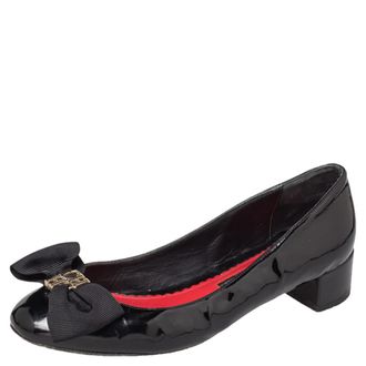 Carolina Herrera Black Patent Leather Bow Block Heel Pumps