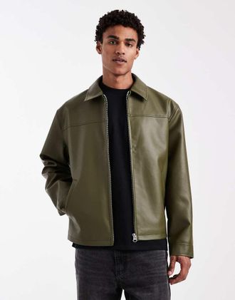 Asos Giacca harrington in pelle sintetica kaki-Verde