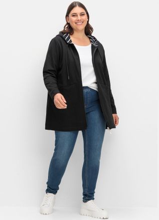 Sheego Shirtjacke SHEEGO Sweatjacke, Damen, Gr. 44/46, schwarz, 100% Baumwolle, Kapuzenfutter:100% Baumwolle, gemustert, unifarben, Shirts Shirtjacke