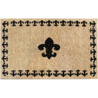 Imports Decor Fleur de Lis Coir Door Mat with Border, Handwoven Printed Outdoor Entry Mat with Anti-Slip Backing