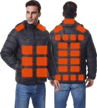 Generic Heated Jacket for Men Winter Puffer Jackets with Hood Full Zip Heating Jacket Slim Fit Thermal Body Warmer Mens Warm Padded Jackets Outdoor Camping Ou