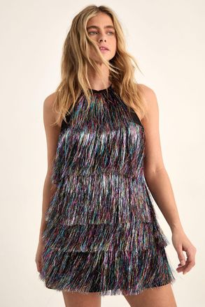 NASTY GAL Womens Tinsel Halter Neck Tiered Mini Dress - Multicolour - Size 14 UK