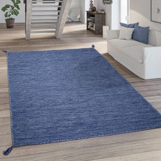 Paco Home Paco Home Alfombra Sal&oacute;n Moderna Monocolor Con Flecos De Algod&oacute;n Alfombra Tejida En Azul 160x220 Cm