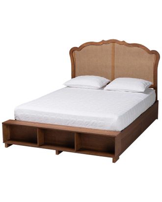 Baxton Studio Latrell Mid-Century Wood & Rattan King Size Storage Bed