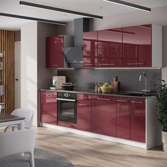 Vicco Mueble De Cocina Fame-line, Rojo Burdeos Alto Brillo/blanco, 280 Cm Sin Encimera, Vicco