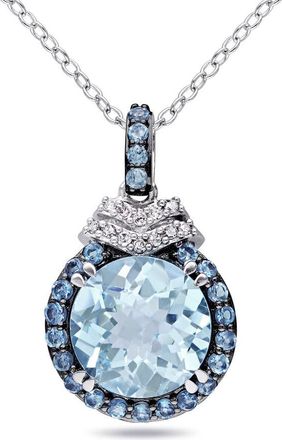 Amour 4 3/4 CT TGW Sky and London Blue Topaz and Diamond Halo Pendant with Chain In Sterling Silver with Black Rhodium