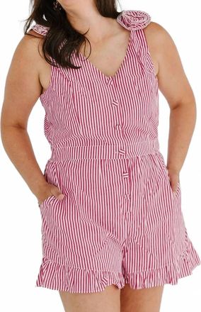 Skies Are Blue Clothing Striped Floral Shoulder Romper In Red-White