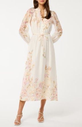 Ever New Placed Floral Long Sleeve Midi Dress in Coral Empress Floral at Nordstrom Rack, Size 12