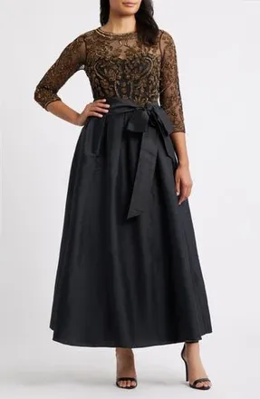 Pisarro Nights Beaded Illusion Neck Taffeta Cocktail Dress in Black/Gold at Nordstrom Rack, Size 14