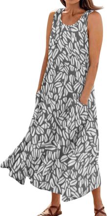 Generic Plus Size Linen Dresses 20-22 Casual Flowy Loose Floral Print Crew Neck Sleeveless Dresses Maxi Tank Dress with Pockets Women Summer Dress (Gray, S)