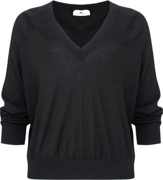 Elisabetta Franchi V-neck Knitwear, female, Black, XS, Wool Jumper with Logo