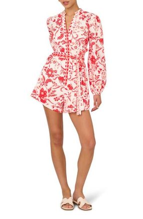 Adrianna Papell Floral Long Sleeve Cotton Romper in White/Coral Multi at Nordstrom, Size 10