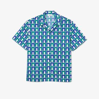 Lacoste Mens Relaxed Fit Print Shirt in Blue Cotton - Size 17.75 inch