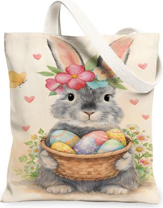Generic Easter Floral Canvas Tote Bags, Cute Rabbit Design Reusable Grocery Bags, Spring Vintage Lightweight Washable Shoulder Stra, Beige, 13x15 Inch