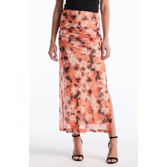 Shelli Segal Floral Ruched Midi Mesh Skirt in Carrot at Nordstrom Rack, Size X-Large