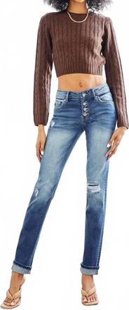 Kancan Mid Rise Repaired Skinny Straight Jean In Medium Wash