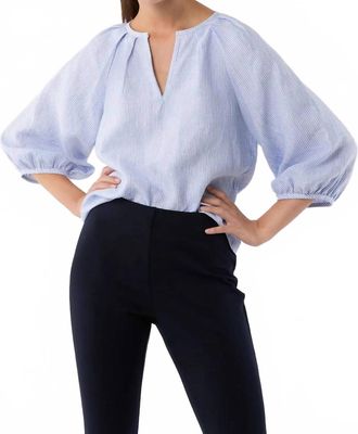 Ann Mashburn Victoria Blouse In Sky/ White Small Bengal Stripe Linen